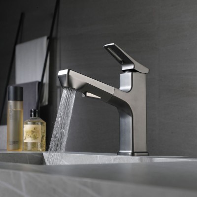 新款方形抽拉水龙头 黄铜冷热伸缩洗脸池面盆台盆冷热两用水龙头