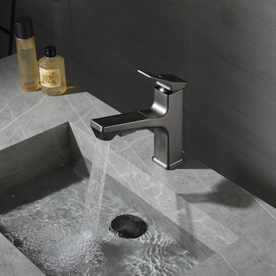 新款方形抽拉水龙头 黄铜冷热伸缩洗脸池面盆台盆冷热两用水龙头