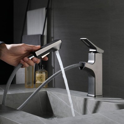 新款方形抽拉水龙头 黄铜冷热伸缩洗脸池面盆台盆冷热两用水龙头